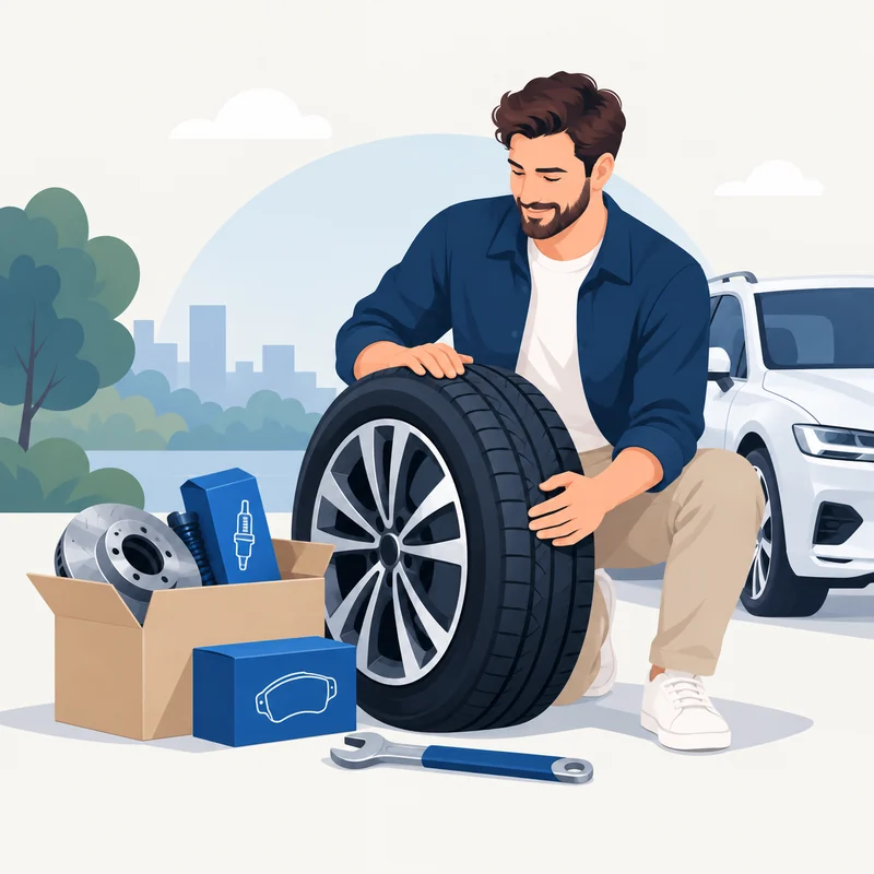 Illustration av bilägare, reservdelar och en hjuluppsättning vid en bil.